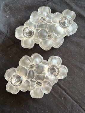Vintage Frosted Crystal Glass Dogwood Flower Double Taper Candle Holder Pair